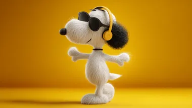 Snoopy wearing sunglasses and headphones, dancing in a 3D animation style character design in the style of Pe_clicked, with a yellow background. Snoopy has white fur and black ears.