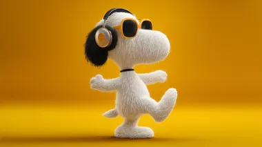 Snoopy wearing sunglasses and headphones, dancing in a 3D animation style character design in the style of Pe_clicked, with a yellow background. Snoopy has white fur and black ears.
