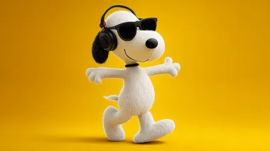Snoopy wearing sunglasses and headphones, dancing in a 3D animation style character design in the style of Pe_clicked, with a yellow background. Snoopy has white fur and black ears.