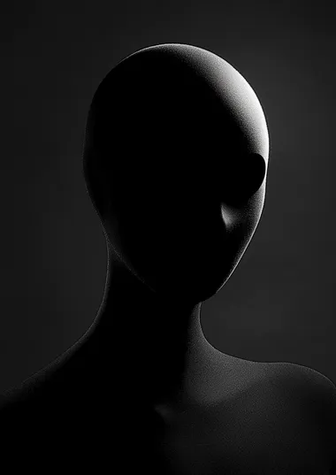 closeup photo. black and white mysterious silhouette of a woman. We can see there is someone but not clearly see who. very dark. we can't see any facial traits