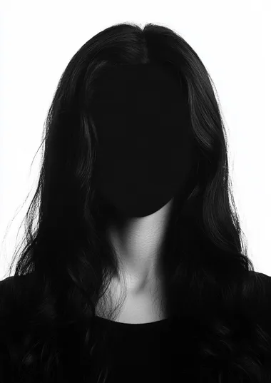 closeup photo. black and white mysterious silhouette of a woman. We can see there is someone but not clearly see who. very dark. we can't see any facial traits