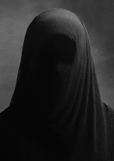 closeup photo. black and white mysterious silhouette of a woman. We can see there is someone but not clearly see who. very dark. we can't see any facial traits