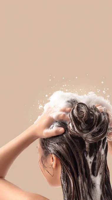 a k-pop woman shampooing hair, wet long hair falling downward with gravity, both hands massaging scalp with rich dense foam, creamy white bubbles covering hair, side composition with woman on the left, empty space on the right for text placement, partial face visible, minimal studio background in soft beige, hyper-realistic hair texture, premium shampoo commercial aesthetic, , 4k resolution, high-end Korean cosmetic brand mood, professional product photography  --s 50