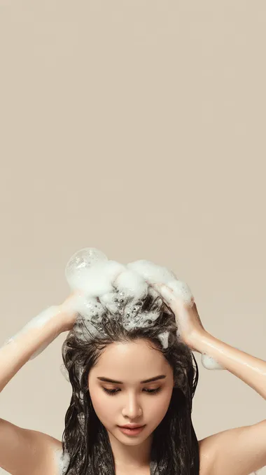 a k-pop woman shampooing hair, wet long hair falling downward with gravity, both hands massaging scalp with rich dense foam, creamy white bubbles covering hair, side composition with woman on the left, empty space on the right for text placement, partial face visible, minimal studio background in soft beige, hyper-realistic hair texture, premium shampoo commercial aesthetic, , 4k resolution, high-end Korean cosmetic brand mood, professional product photography  --s 50