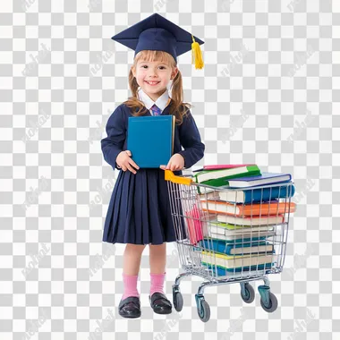 Smiling little girl in school uniform and graduation cap, pulling supermarket trolley full of school books, white background