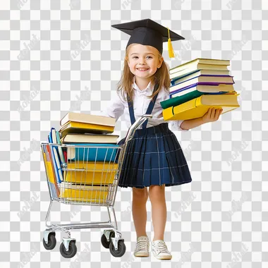 Smiling little girl in school uniform and graduation cap, pulling supermarket trolley full of school books, white background