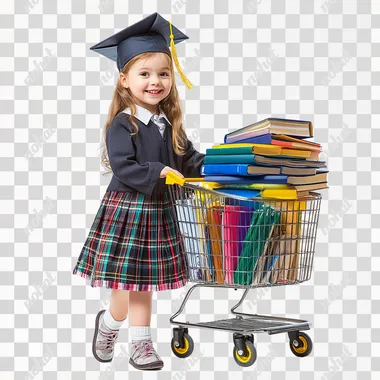 Smiling little girl in school uniform and graduation cap, pulling supermarket trolley full of school books, white background