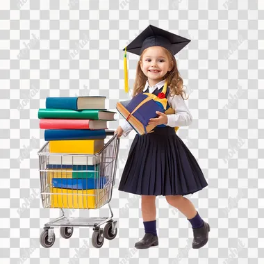 Smiling little girl in school uniform and graduation cap, pulling supermarket trolley full of school books, white background