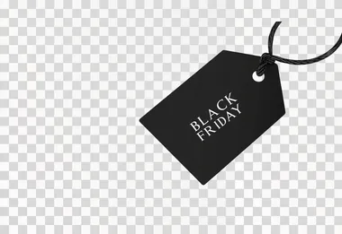 vector illustration, black price tag, flat lay, text "BLACK FRIDAY", isolated on white background