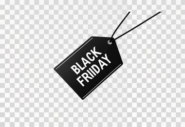 vector illustration, black price tag, flat lay, text "BLACK FRIDAY", isolated on white background