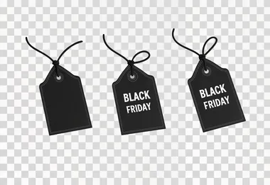 vector illustration, black price tag, flat lay, text "BLACK FRIDAY", isolated on white background