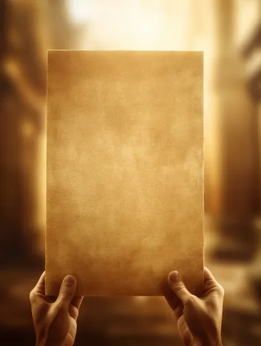 a large blank ancient Egyptian-style sign held close to the camera, no text on it, papyrus or stone texture, cinematic lighting, extremely shallow depth of field, heavily blurred background, warm golden tones, realistic style  --s 50  --raw