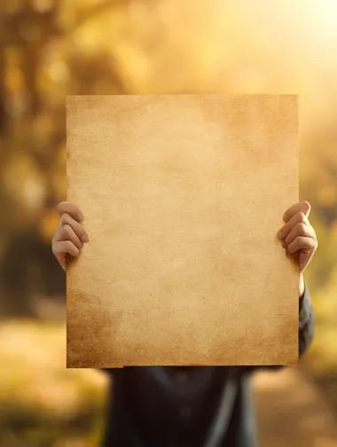 a large blank ancient Egyptian-style sign held close to the camera, no text on it, papyrus or stone texture, cinematic lighting, extremely shallow depth of field, heavily blurred background, warm golden tones, realistic style  --s 50  --raw