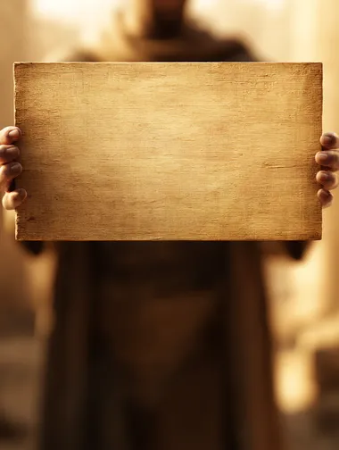 a large blank ancient Egyptian-style sign held close to the camera, no text on it, papyrus or stone texture, cinematic lighting, extremely shallow depth of field, heavily blurred background, warm golden tones, realistic style  --s 50  --raw