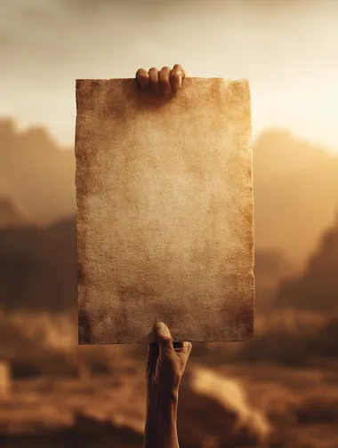 a large blank ancient Egyptian-style sign held close to the camera, no text on it, papyrus or stone texture, cinematic lighting, extremely shallow depth of field, heavily blurred background, warm golden tones, realistic style  --s 50  --raw