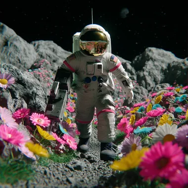 An astronaut walking through flowers on the moon.     8jhnrqb