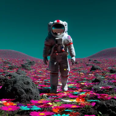 An astronaut walking through flowers on the moon.     8jhnrqb
