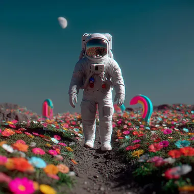 An astronaut walking through flowers on the moon.     8jhnrqb