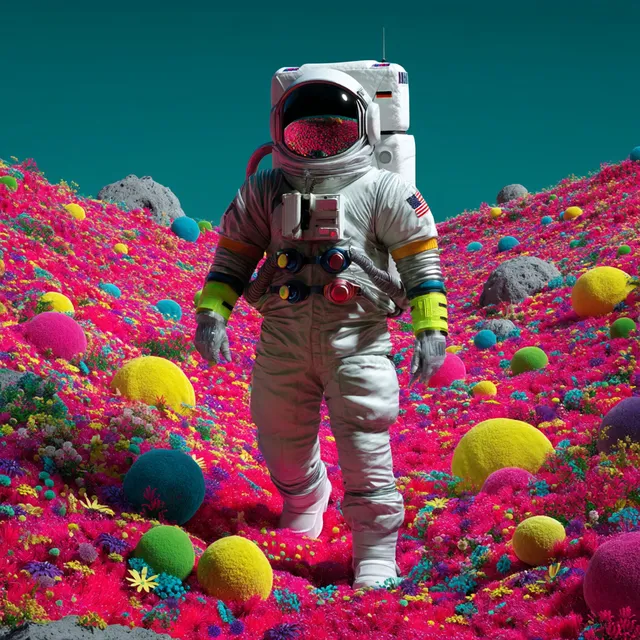 Astronaut Walking Through Colorful Moon Garden