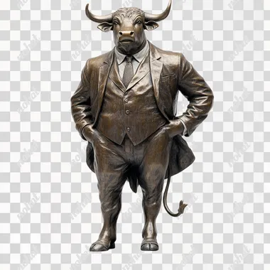 statue bull wearing suit blazzer , talking, white background