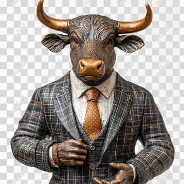 statue bull wearing suit blazzer , talking, white background