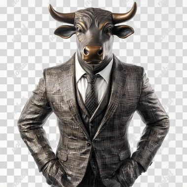 statue bull wearing suit blazzer , talking, white background