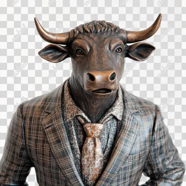statue bull wearing suit blazzer , talking, white background