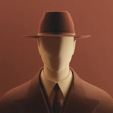 "3D minimalist retro casino-style avatar of an anonymous male figure. Smooth, matte 3D silhouette wearing a tuxedo and fedora hat, no facial features, slight rim lighting for depth. Warm vintage color palette (deep red, muted gold, brown tones). Soft shadows and subtle ambient occlusion for realism. Clean, solid background with no text or decorative elements. Centered composition