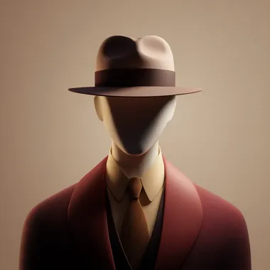 "3D minimalist retro casino-style avatar of an anonymous male figure. Smooth, matte 3D silhouette wearing a tuxedo and fedora hat, no facial features, slight rim lighting for depth. Warm vintage color palette (deep red, muted gold, brown tones). Soft shadows and subtle ambient occlusion for realism. Clean, solid background with no text or decorative elements. Centered composition