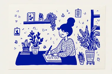 person sitting on a desk, writing in a notebook. drawn with blue pen on white paper background   4055222462