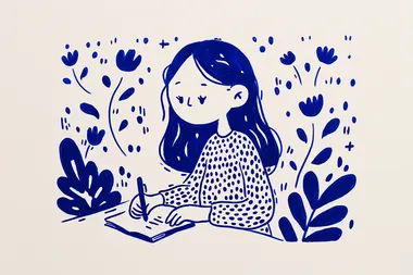 person sitting on a desk, writing in a notebook. drawn with blue pen on white paper background   4055222462