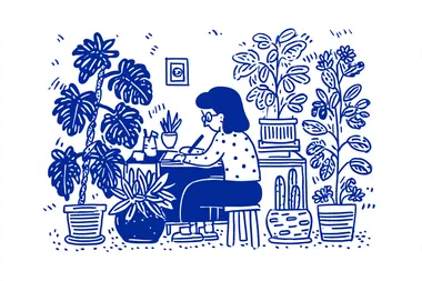 person sitting on a desk, writing in a notebook. drawn with blue pen on white paper background   4055222462