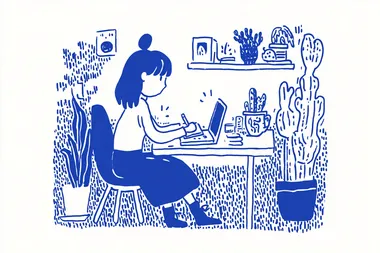 person sitting on a desk, writing in a notebook. drawn with blue pen on white paper background   4055222462