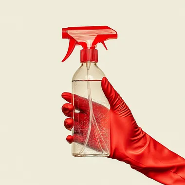 highly detailed product photo of a hand with a red latex glove on holding a clear spray bottle with a red nozzle. The bottle is half filled with clear still water. the background is a clean cream white gradient with bright natural light. photorealistic, 4K.