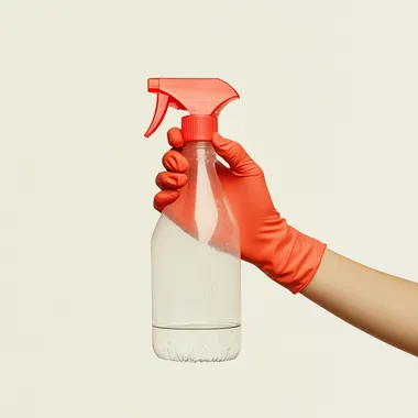 highly detailed product photo of a hand with a red latex glove on holding a clear spray bottle with a red nozzle. The bottle is half filled with clear still water. the background is a clean cream white gradient with bright natural light. photorealistic, 4K.