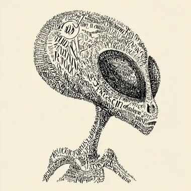 An ink calligram of an alien in mid-century modern style, formed entirely from handwritten or brush-painted words in dynamic, organic layout. Balances legibility and image structure.   trxvtgk