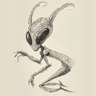 An ink calligram of an alien in mid-century modern style, formed entirely from handwritten or brush-painted words in dynamic, organic layout. Balances legibility and image structure.   trxvtgk