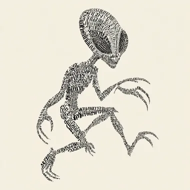 An ink calligram of an alien in mid-century modern style, formed entirely from handwritten or brush-painted words in dynamic, organic layout. Balances legibility and image structure.   trxvtgk