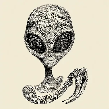 An ink calligram of an alien in mid-century modern style, formed entirely from handwritten or brush-painted words in dynamic, organic layout. Balances legibility and image structure.   trxvtgk