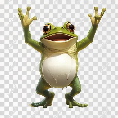 This is a cartoon-style Hearthstone character design, a frog, leaking white belly, standing on its hind legs, two arms raised to cheer you on, cheering the audience. White background. There is no outline.