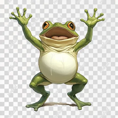 This is a cartoon-style Hearthstone character design, a frog, leaking white belly, standing on its hind legs, two arms raised to cheer you on, cheering the audience. White background. There is no outline.