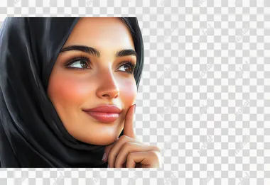 image of a smiling young arab woman wearing black abaya thinking with one finger on her chin and eyes looking to the right, white background, perfect human anatomy, 4K hyper-realistic, ultra detailed, indoor lighting