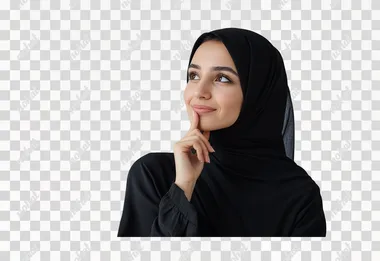 image of a smiling young arab woman wearing black abaya thinking with one finger on her chin and eyes looking to the right, white background, perfect human anatomy, 4K hyper-realistic, ultra detailed, indoor lighting