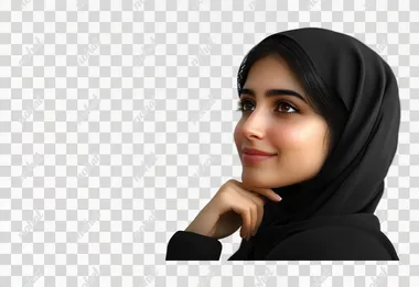 image of a smiling young arab woman wearing black abaya thinking with one finger on her chin and eyes looking to the right, white background, perfect human anatomy, 4K hyper-realistic, ultra detailed, indoor lighting