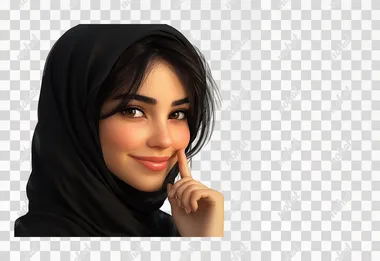 image of a smiling young arab woman wearing black abaya thinking with one finger on her chin and eyes looking to the right, white background, perfect human anatomy, 4K hyper-realistic, ultra detailed, indoor lighting