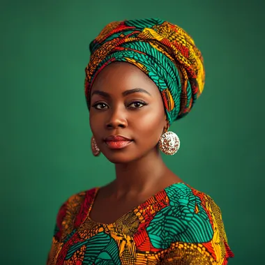 A portrait of an African woman wearing african khanga, green background, looking front at the camera, full body, photorealistic, high resolution, in the style of Canon EOS R5 C