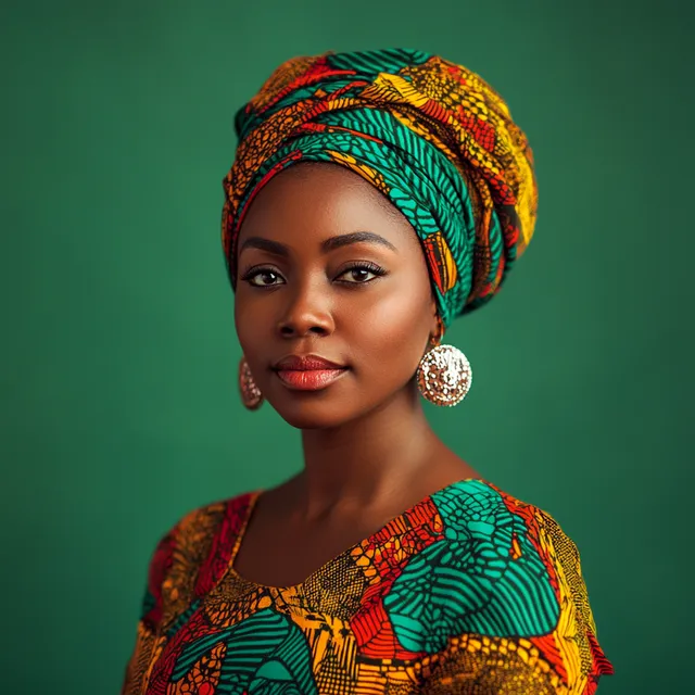 Portrait of an African woman in khanga and head wrap, green background