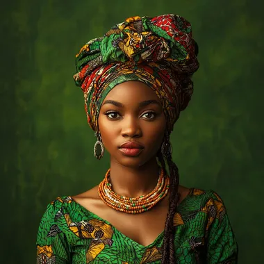 A portrait of an African woman wearing african khanga, green background, looking front at the camera, full body, photorealistic, high resolution, in the style of Canon EOS R5 C