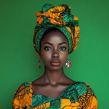 A portrait of an African woman wearing african khanga, green background, looking front at the camera, full body, photorealistic, high resolution, in the style of Canon EOS R5 C