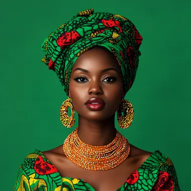 A portrait of an African woman wearing african khanga, green background, looking front at the camera, full body, photorealistic, high resolution, in the style of Canon EOS R5 C